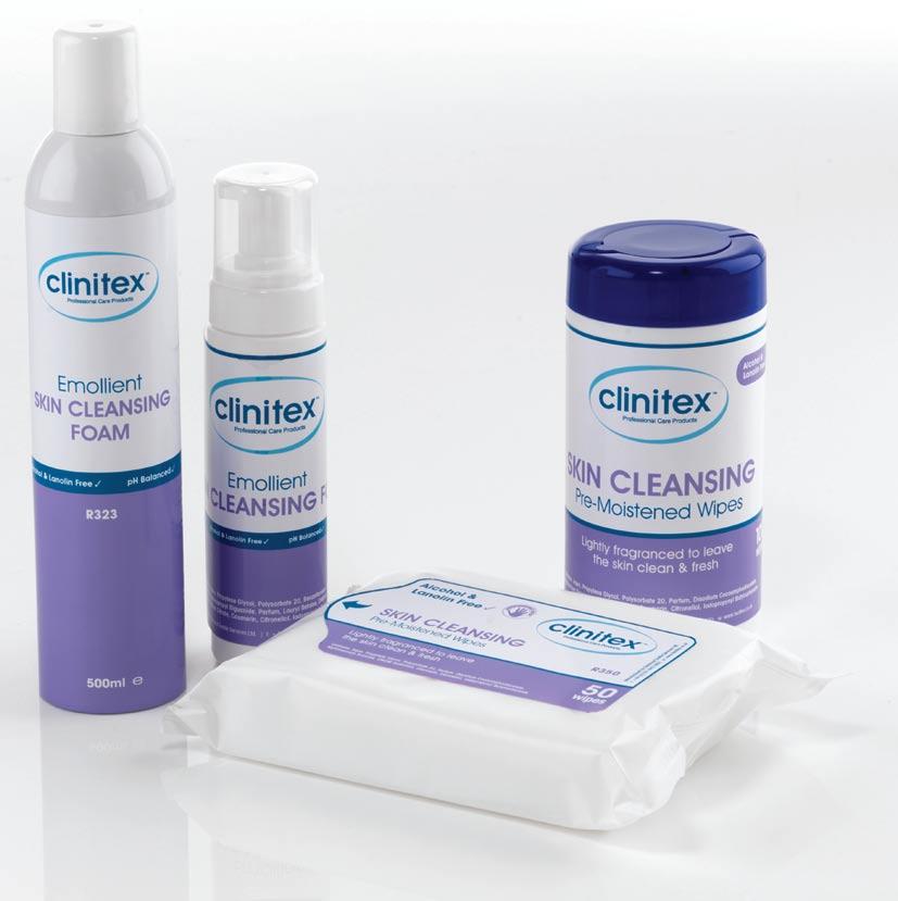 SKIN CLEANSING Clinitex Skin Cleansing is a range of pre-moistened wipes and foams designed for adult use.
