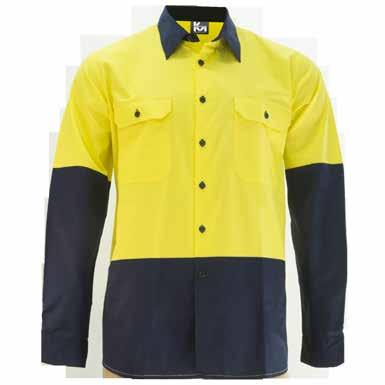 tyle: M2331N- HW ong leeve premium drill shirt Under arm airflow vents Pen division pocket Button lock chest pocket Contrast collar and cuff Twin needle finish Bar tacks at stress points 100% cotton