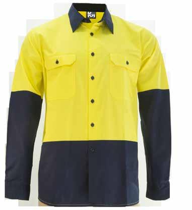 tyle: 2331N ong leeve premium drill shirt Under arm airflow vents Pen division pocket Button lock chest pocket Contrast collar and cuff Twin needle finish Bar tacks at stress points 100% cotton