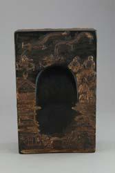 135 Chinese Ink Stone w/ Wooden Box Artist Signed Inla Chinese ink stone with wood box; of oval form; carved script calligraphy and