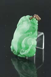 31 144 Chinese Icy Green Jadeite Buddha Pendant Chinese icy green jadeite pendant; featuring laughing Buddha in relief; pierced for suspension; H: 4.