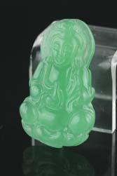 32 145 Chinese Emerald Green Jadeite Carved Pendant Chinese emerald green jadeite carved pendant; featuring Chilong with five pearls; pierced for