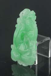 32 166 Chinese Green Jadeite Pendant of Carps & Lotus Chinese green jadeite carved pendant; featuring carps and lotus