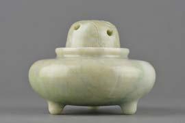 Jadeite Tripod Censer Chinese carved censer with lid; censer rested on three foot; lid with lotus vines