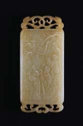 Jade Bat Pendant Chinese 19th century jade pendant; featuring openwork carvings of bat and scrolling vines; of white and grey tone; W: 4.