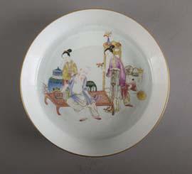 19th C Tongzhi MK Pair of Chinese Famille Rose porcelain saucers; featuring children playing scene on centre;