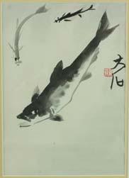 1864-1957 Shrimps; Chinese ink on paper; framed; signed Qi Baishi and inscribed with one