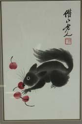 cherries; Chinese woodblock print from painting of Qi Baishi; framed; with Art Treasure