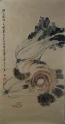Chinese ink and watercolour on paper, signed and sealed Qi Baishi. 99 cm x 52 cm.