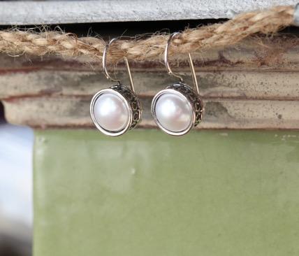 Sterling Silver Round Button Pearl Earrings,