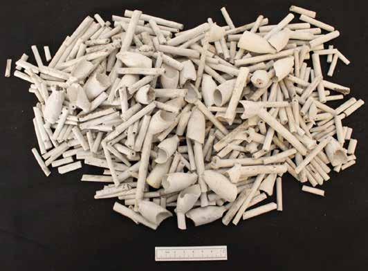 Clay pipes of three main categories were retrieved, plain pipes which were the cheapest, those with stem decoration and makers marks which were the most frequent, and finally those that were polished