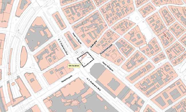 Figure 2 Location of development area with adjoining streets shown A full excavation report has been produced (Lyne & Dahlström 2015), which conforms to specific Kulturstyrelsen guidelines.