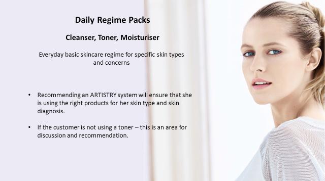 Next, step 2 is the Daily Regime Packs that include the daily cleanser, toner and moisturiser. These are everyday basic skincare products to meet the customer s specific skin types and concerns.
