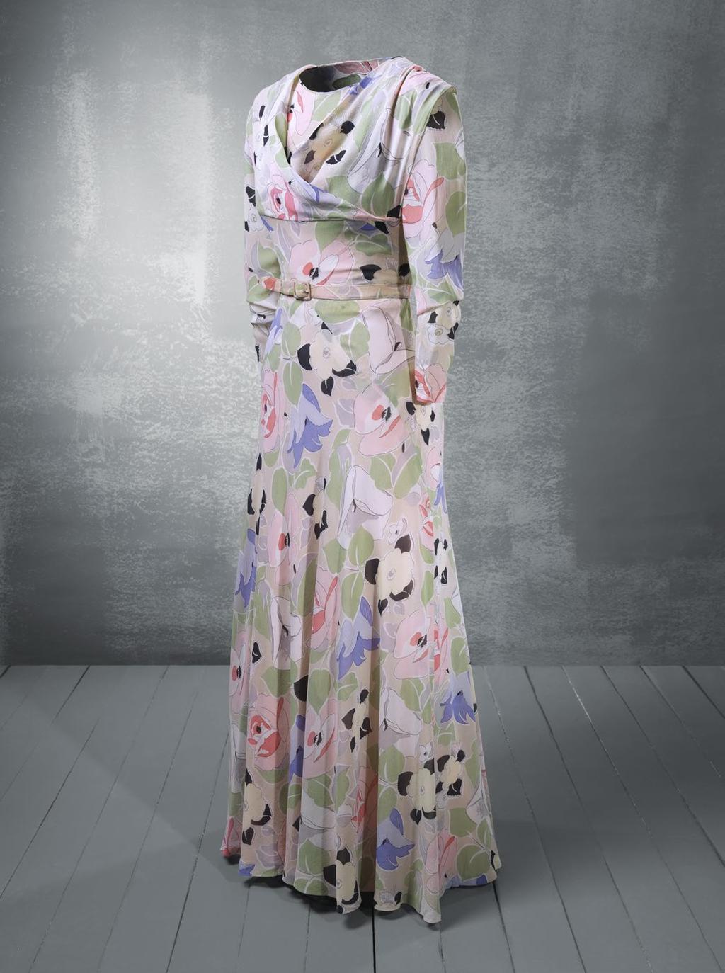 Wedding dress in multi-coloured floral print silk gauze.
