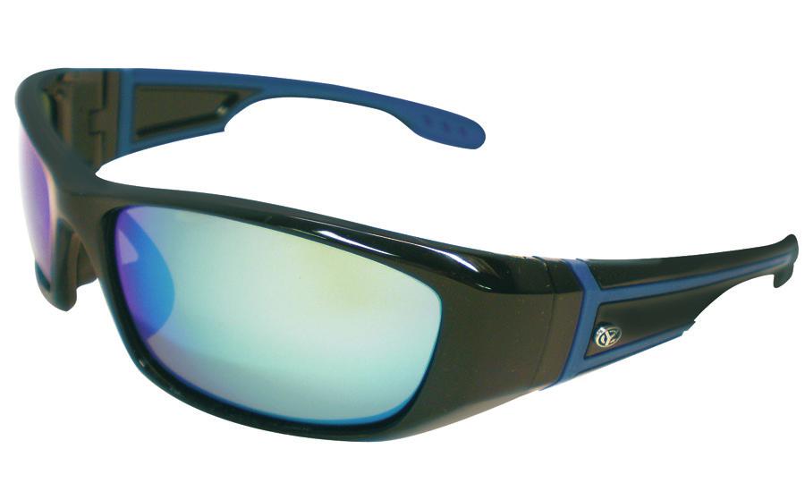42103 Blue Mirror 12 "DORADO" POLARIZED SUNGLASSES Contoured beveled frame with temple air vents. Also has rubber temple tips and nose pads.