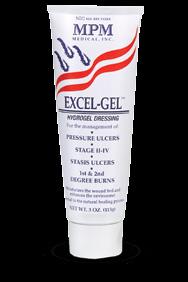 Hydrogel Gels MPM Excel-Gel Hydrogel Dressing Indications*: Pressure ulcers, Stages I-IV 1st and 2nd degree burns Stasis ulcers Leg ulcers Diabetic ulcers Directions: Apply Excel-Gel to the wound bed