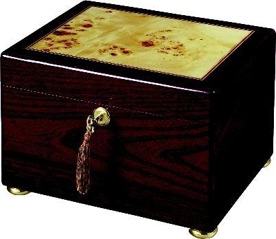 interior, brass hinges, and brass feet. The lid is inlaid with burl.