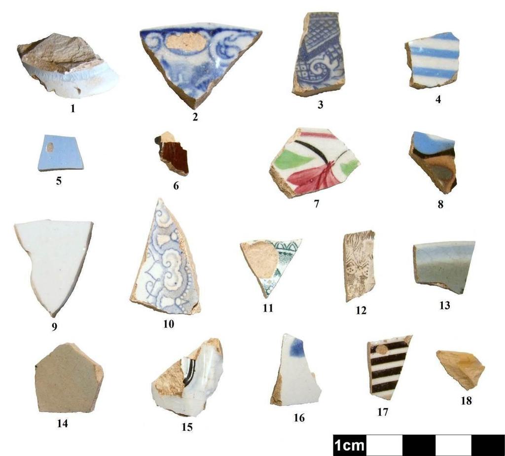 92 Image 24: Ceramic Food Related Artifacts from Findspot 5 (1: Pearlware; 2: Blue Flow Refined White Earthenware; 3: Blue Willow Refined White Earthenware; 4: Blue Annular Slip Banded Refined White