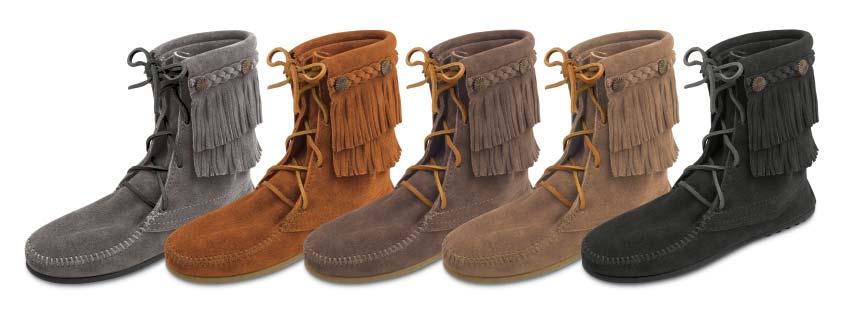 (Half sizes included, DOUBLE FRINGE TRAMPER BOOT Sporty 621T 622 623 Dusty 627T 629 Soft, suede leather with metal conchos on a decorative leather braid.