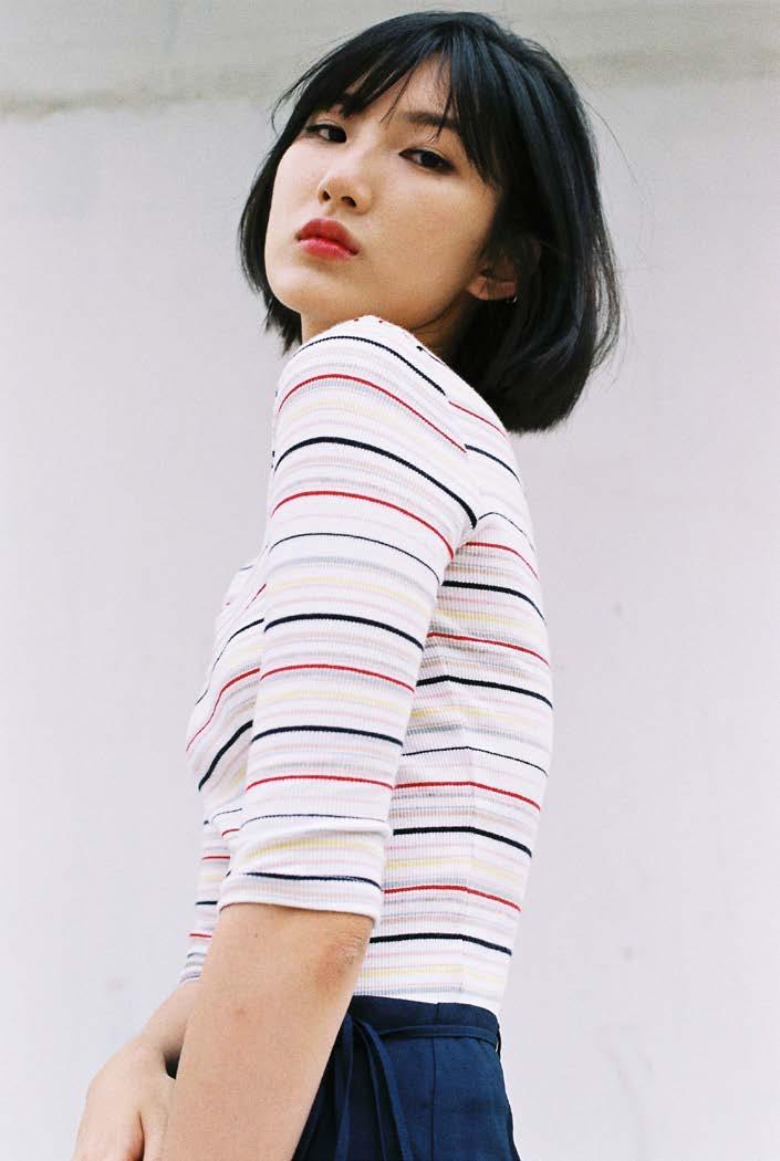Lola boat neck top Fitted top with boat neck, half sleeves and finely ribbed texture, in cool multi-stripe print.