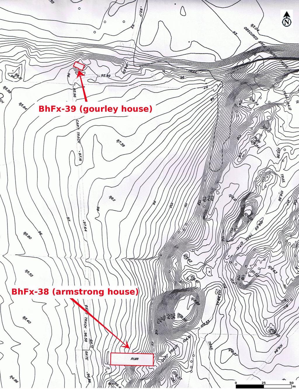 Figure 9: Location of Armstrong (BhFx-38) and Gourley (BhFx-39) House Site Foundations on Richardson Farm (note that east-west length of
