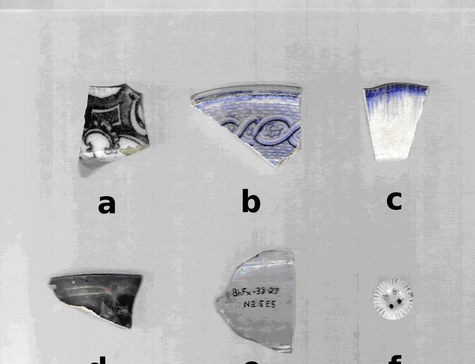 Plate 7: Selected Artifacts from Stage 2 Testing of BhFx-38 (Armstrong Site) a) black transfer cup rim, BhFx-32, N5 E2.