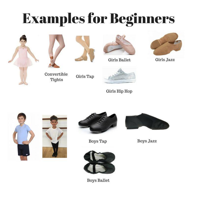 BEGINNERS: (Beginner Girls) Ballet- Any color leotard & tights, pink leather Ballet shoes (strings on shoes should be triple knotted and cut or tucked inand shoe must have elastic across the top of
