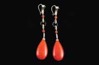 J31 Pair Art Deco Period Cartier Style Pendant Drop Earrings each of large red