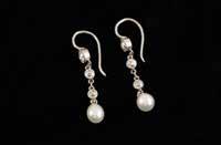 Pair Edwardian Diamond and Pearl Drop Earrings each of single natural pearl with