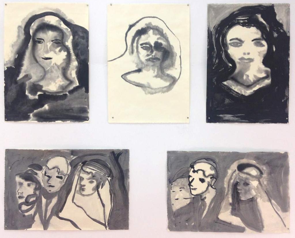 Top: (Veil Series), Jackie In Mourning At Funeral #1, #2, #3, Acrylic on Paper, 14.
