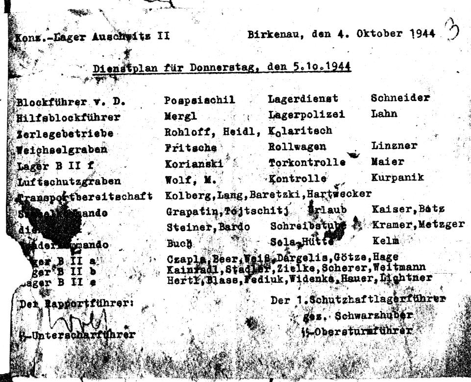 202 CARLO MATTOGNO CURATED LIES DOCUMENT 2: Konz.-Lager Auschwitz II. Birkenau, den 4. Oktober 1944. Dienstplan für Donnerstag, den 5.