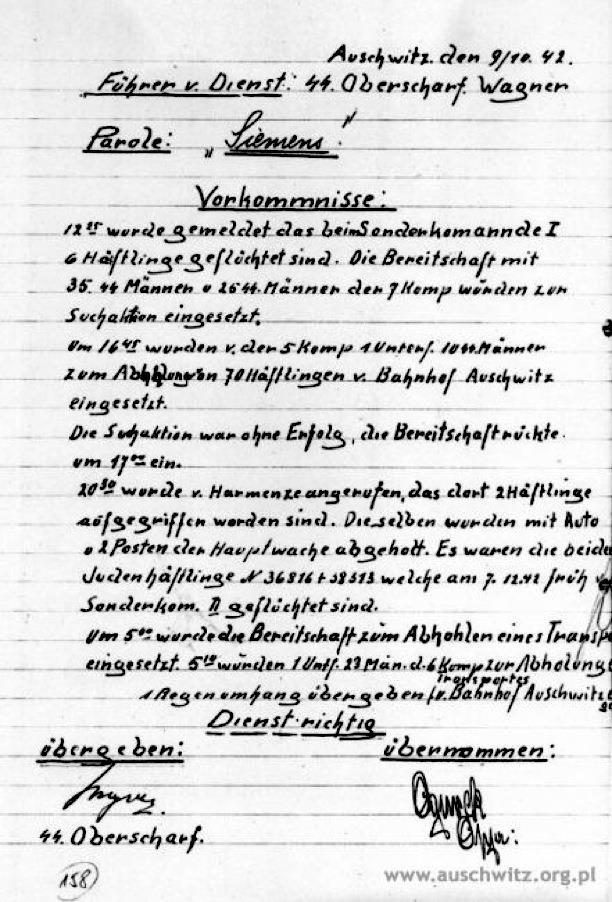 CARLO MATTOGNO CURATED LIES 221 DOCUMENT 18: Auschwitz, den 9/10.42. Führer v. Dienst: SS. Oberscharf.