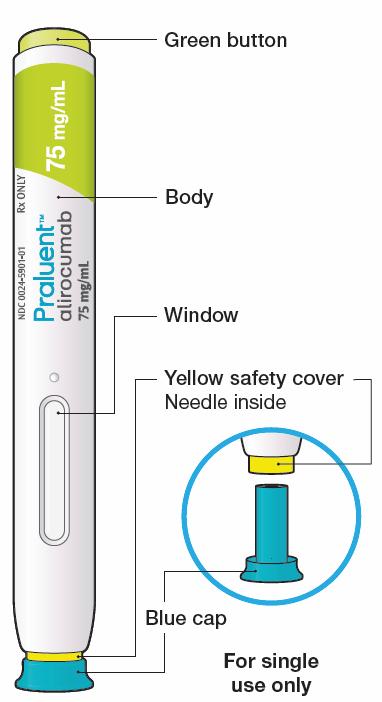 Keep this leaflet. If you have questions, ask your healthcare provider or call 1-844-PRALUENT (1-844-772-5836). The parts of the PRALUENT pen are shown in this picture.