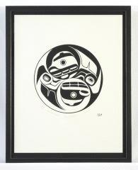 Framed lim. ed. print signed Richard Hunt 81/180, "A Pa". Pair of Inuit prints signed Enook Manomie. Limited edition silkscreen print signed Richard Shorty d.'89 n.32/ 380, "Big Catch".