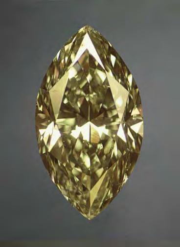 Figure 1. One of the more spectacular chameleon diamonds examined for this study was this 1.01 ct marquise diamond, shown at room temperature (left) and at approximately 150 C (right).