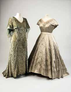 Items of dress belonging to Queen Elizabeth the Queen Mother include an oyster silk satin ball gown from 1954.