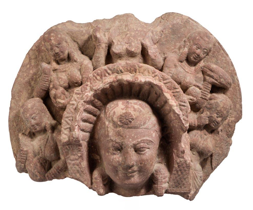 5 MOTTLED RED SIKRI SANDSTONE FRAGMENT OF THE GODDESS SASHTHI Kushan period ca. second/third century AD. Mathura Height: 22.