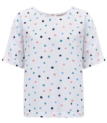 #5/ T0135 // Aluna Multi Spot Button Back Top White/Multi Hand-drawn in our seaside studio, these prints are only available on Sugarhill garments.
