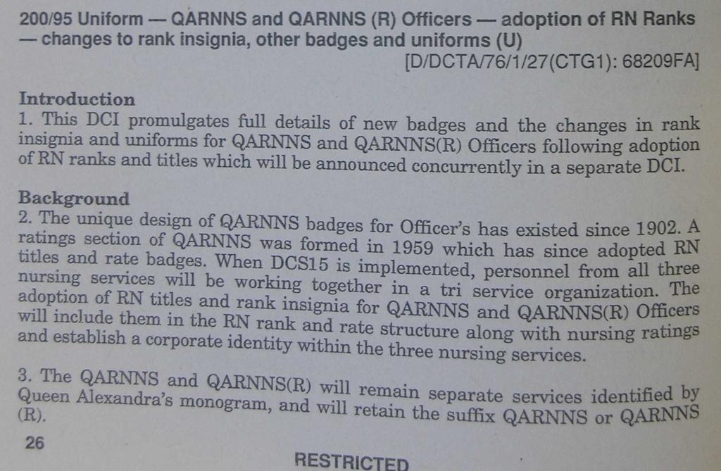 200/95 Uniform QARNNS and QARNNS (R) Officers adoption of RN Ranks [D/DCT Af76/1/27 (CTG 1): 68209 Introduction 1.