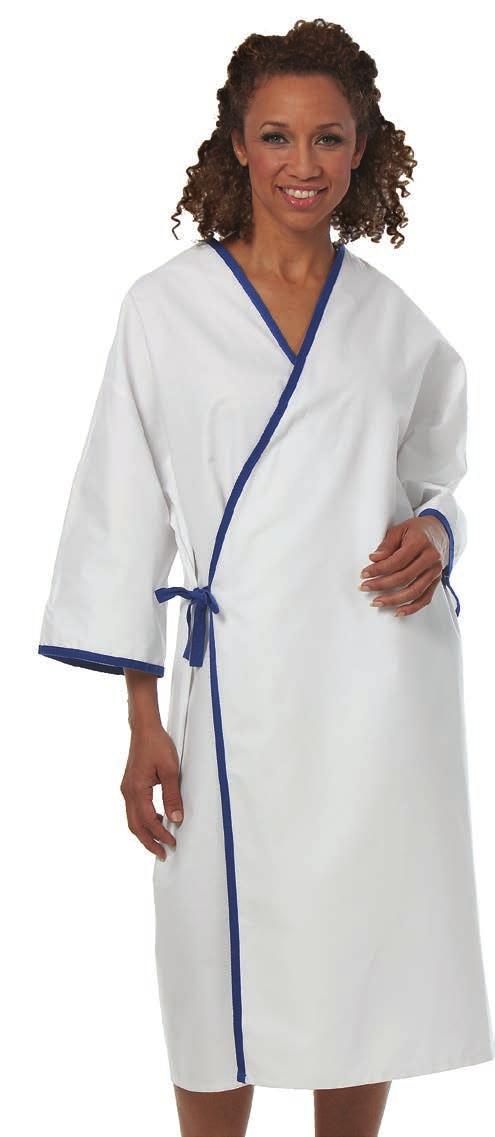 overlap Trimmed Exam Gown Trimmed Tie closure gown may be worn with opening in front or back