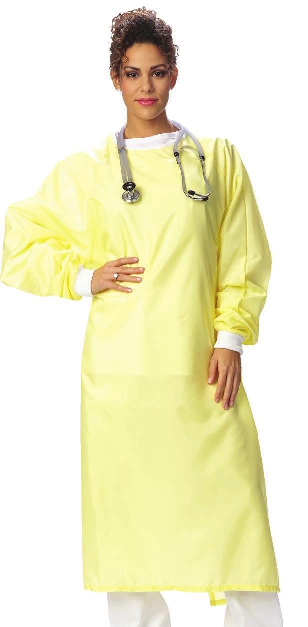 Barrier-Front Precaution Gowns Front and sleeves made of single-ply fluid-resistant barrier fabric Back made of yellow Polyester / Cotton blend fabric Two sets of tie closures (one at back of neck,