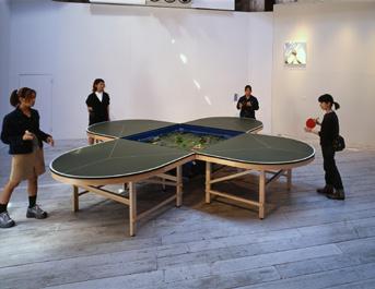 Gallery 14 Gabriel OROZCO Ping-Pond Table, 1998 deformed ping-pong tables, ping-pong rackets, ball, water tank, pump filter, water lilies H76.7 W424.5 D424.