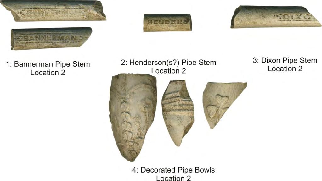 Plate 26: White Clay Pipes Recovered from Location 2 (BhFw-21), actual size Twenty-three of the white clay pipe bowl fragments recovered were plain, while three were decorated with an identified