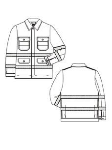 Trousers 10 Waistband with 7 belt loops, two set-in pouch pockets, ruler pocket on the right with flap and snap closure Jacket 1125 with high neck collar, concealed placket, a patch chest and 2 side