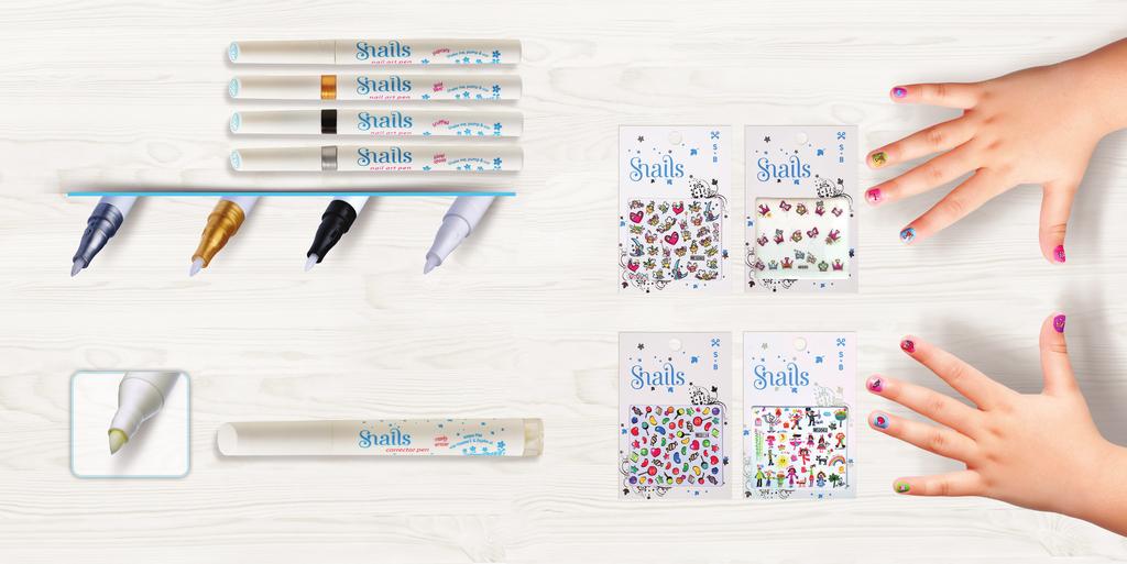 Be creative with Snails Art pens! The finishing touch: Stick-on fun Easy and fun to use. Kids simply shake the pens and draw whatever they want on their fingernails or toenails.
