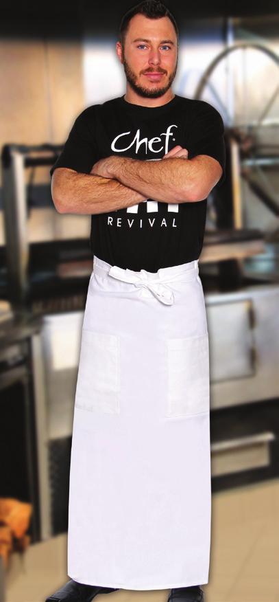 chef revival: bistro aprons A008 35"w x 38"h (89 x 97 cm) WH -White WH A011BK 28"w x 33"h (71 x 84 cm) BK - Black BK Bistro Aprons with Pocket(s) Tangle-free ties and hip patch pocket(s), these