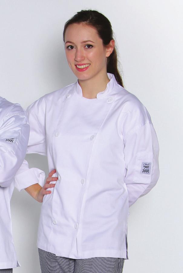 CHEF JACKETS Double Stitched Breathable Mesh on Back J200 Item Description Material Button Style long Sleeve: J200-* White Long sleeve Poly-cotton 65/35 blend Chef logo white J200BK-* Black Long