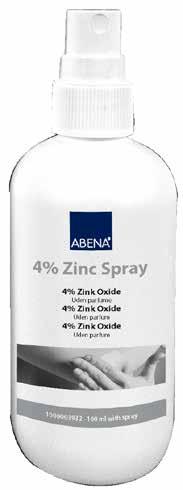 Art. no. 1000003932/1000003961 Zinc Oxide 4% Spray Abena s Zinc Oxide Cream Spray protects and regenerates the skin, promoting a natural skin restoration for up to 24 hours.