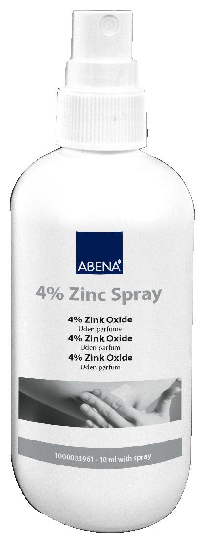 Art. no. 1000003932/1000003961 Zinc Oxide 4% Spray Abena s Zinc Oxide Cream Spray protects and regenerates the skin, promoting a natural skin restoration for up to 24 hours.