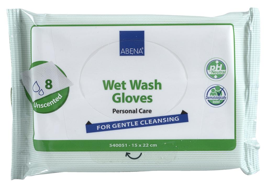 Art. no. 540051 Wet Wash Gloves Abena s disposable Wet Wash Gloves have a pleasant cleansing and moisturizing effect, and are a good alternative to the traditional bath with water and soap.